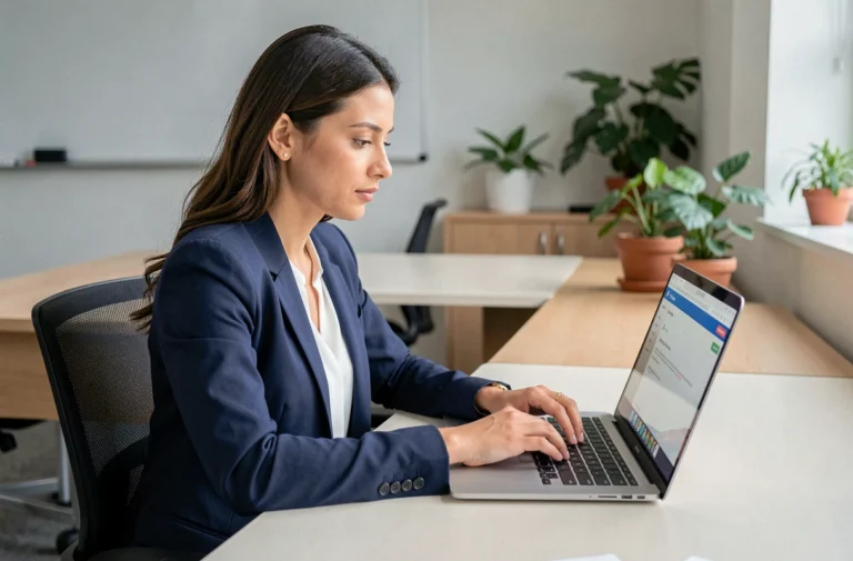 Femme enseignante accédant au webmel de l'académie de Créteil sur son ordinateur portable dans un bureau professionnel