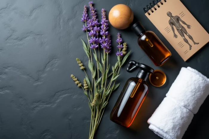 Huiles de massage professionnelles, serviettes et accessoires de bien-être disposés sur une surface en ardoise pour thérapie masculine