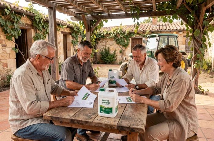 Groupe d'agriculteurs espagnols organisant un achat groupé de glyphosate autour d'une table en plein air