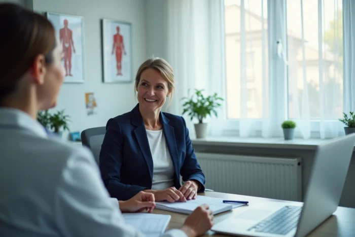 Femme quadragénaire en consultation médicale avec une gynécologue pour discuter de la maternité tardive et de la fertilité