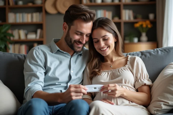 Couple trentenaire découvrant ensemble un test de grossesse positif sur un canapé, symbolisant la décision d'avoir un enfant à la trentaine