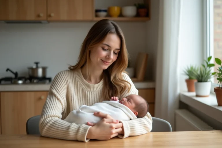 Jeune femme dans la vingtaine tenant un nouveau-né dans ses bras dans une cuisine moderne, illustrant la maternité à un jeune âge