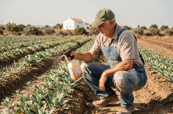 Agriculteur espagnol examinant un herbicide à base de glyphosate dans un champ cultivé en Andalousie
