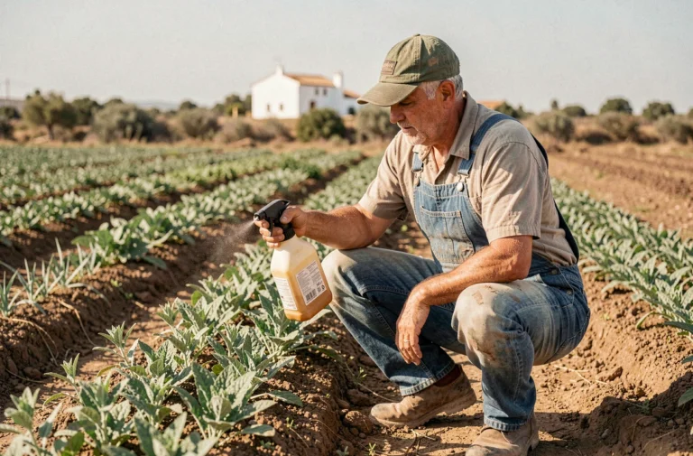Agriculteur espagnol examinant un herbicide à base de glyphosate dans un champ cultivé en Andalousie