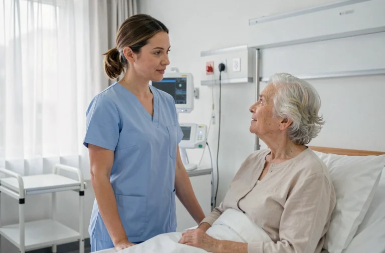 Aide soignante en tenue professionnelle bleue discutant avec une patiente âgée dans une chambre d'hôpital moderne, illustrant le nouveau référentiel aide soignante 2026