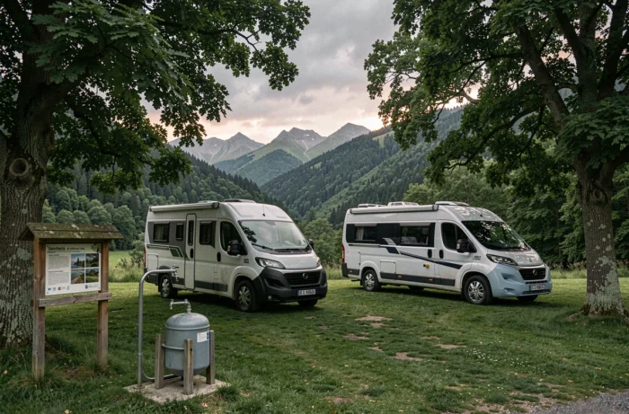 Aire de stationnement pour camping-cars dans la vallée de Dancharia avec vue sur les contreforts pyrénéens au crépuscule