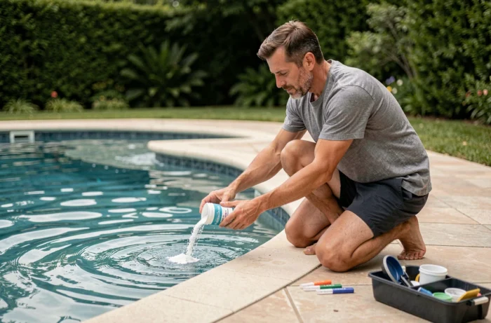 Homme versant du percarbonate de sodium dans une piscine pour corriger le pH de l'eau
