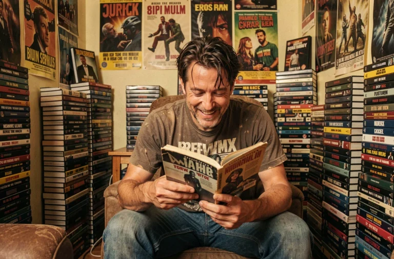 Amateur de cinéma série Z entouré de cassettes VHS et d'affiches de films cultes dans une salle de cinéma maison vintage