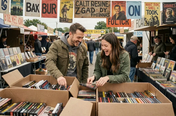 Deux amis fouillant des DVD de films de série Z dans un marché aux puces en plein air