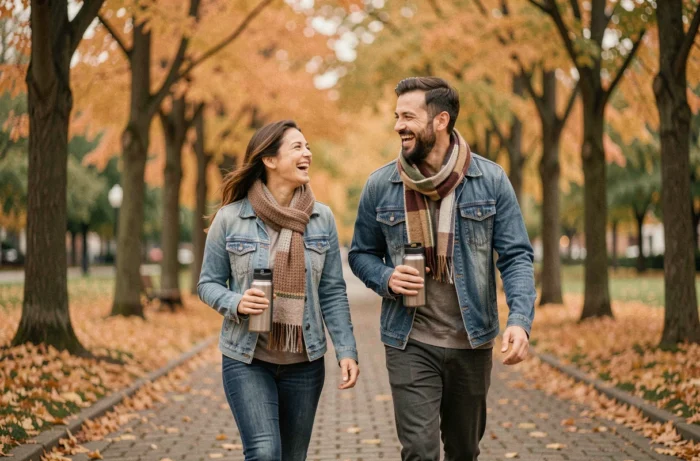 Dois amigos caminhando em um parque no outono com garrafas de água reutilizáveis, adotando um estilo de vida saudável