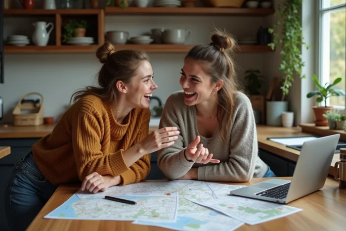 Deux amis planifiant la découverte de nouvelles adresses culinaires autour d'une table avec cartes et ordinateur