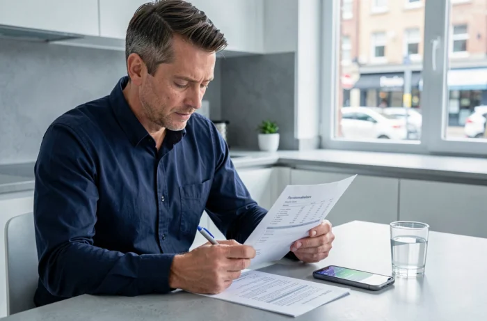 Homme analysant ses relevés financiers et une application de gestion d'argent sur son téléphone à la cuisine