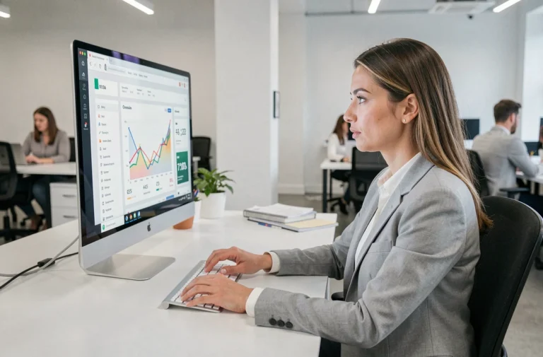 Femme analyste web examinant des tableaux de bord de performance sur un grand écran dans un bureau moderne