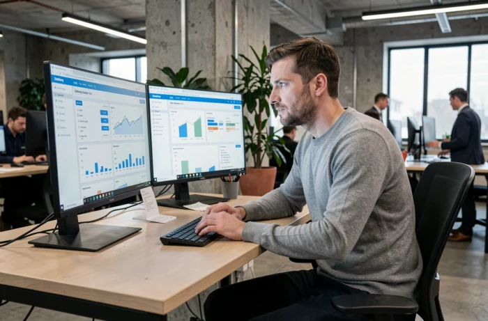 Analyste comparant des logiciels d'optimisation de livraison sur deux écrans dans un bureau moderne