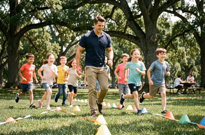Animateur supervisant un jeu de relais en plein air dans un parc avec des enfants en mouvement