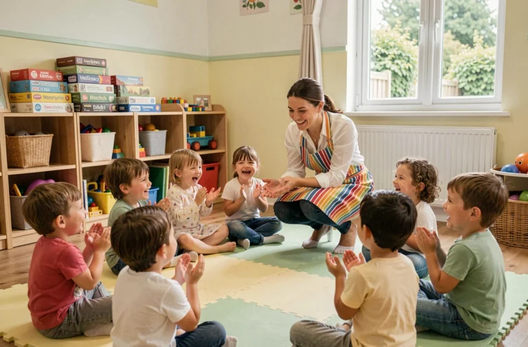 Animatrice joyeuse guidant des enfants dans un jeu de cercle dans une salle de jeux colorée