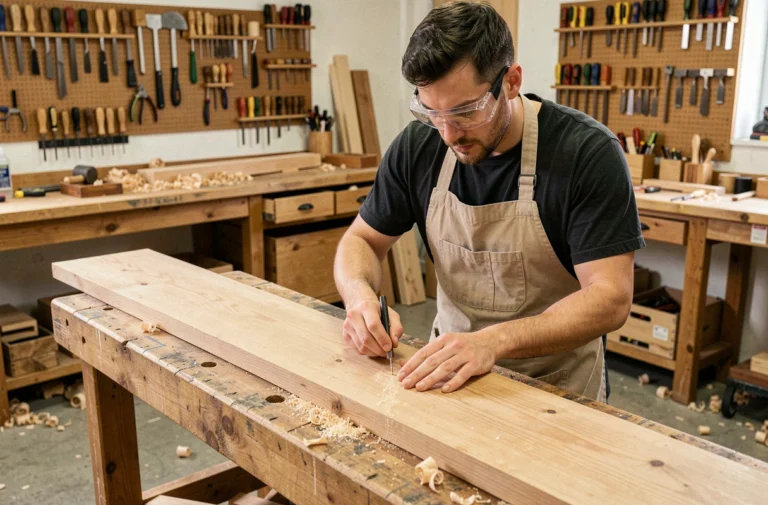 Apprenti menuisier mesurant une planche de chêne dans un atelier de formation professionnelle en menuiserie