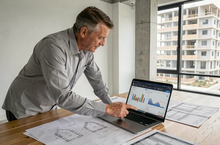 Architecte analysant les coûts de construction sur un logiciel de promotion immobilière dans un bureau moderne