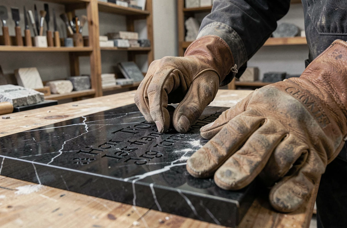 Artisan gravant une plaque funéraire en marbre noir dans un atelier de taille de pierre traditionnel