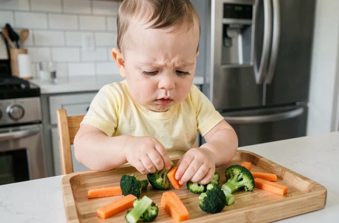 Bébé de 8 mois pratiquant le baby-led weaning en saisissant des morceaux de légumes cuits posés sur le plateau de sa chaise haute