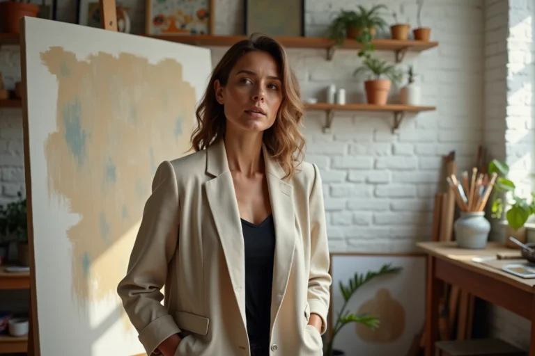 Béatrice Vonderweidt artiste peintre dans son atelier face à une toile abstraite, portrait éditorial en lumière naturelle