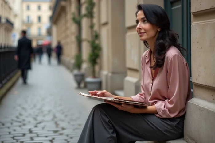 Portrait de Béatrice Vonderweidt assise sur des marches en pierre à Paris, tenant un portfolio, ambiance artistique urbaine