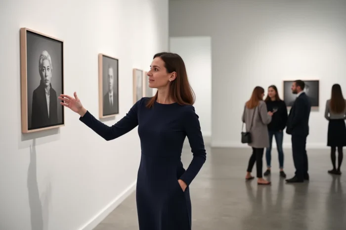 Béatrice Vonderweidt lors d'un vernissage dans une galerie d'art contemporaine, présentant ses photographies encadrées