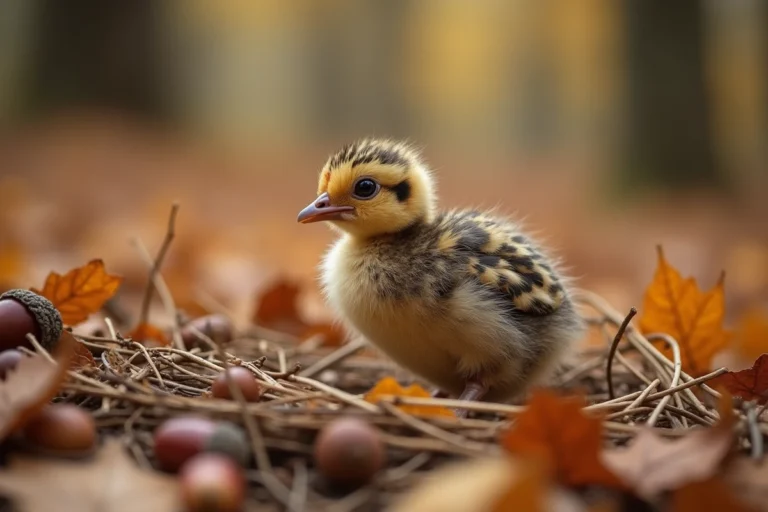 Bébé faisan d'une semaine niché dans des feuilles mortes en forêt, montrant son duvet rayé brun et ses yeux noirs vifs