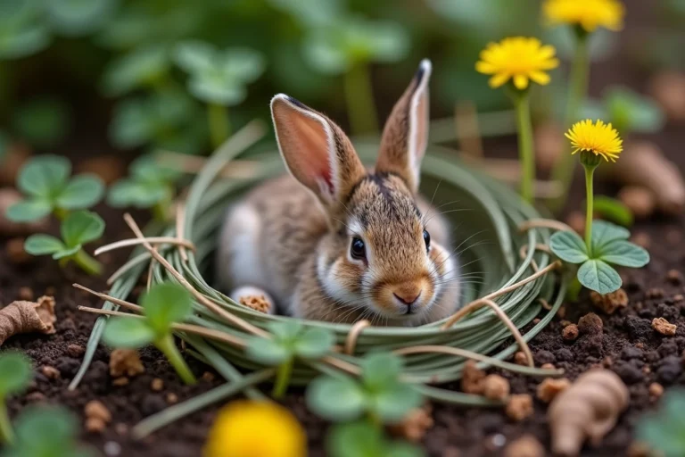Bébé lapin sauvage niché dans un nid de feuilles sèches dans un jardin résidentiel au printemps
