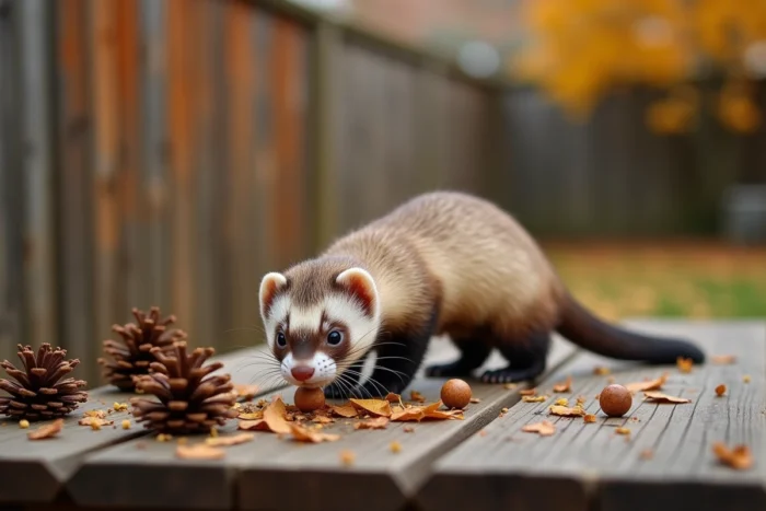 Belette apprivoisée explorant une table de jardin en bois entourée de feuilles d'automne
