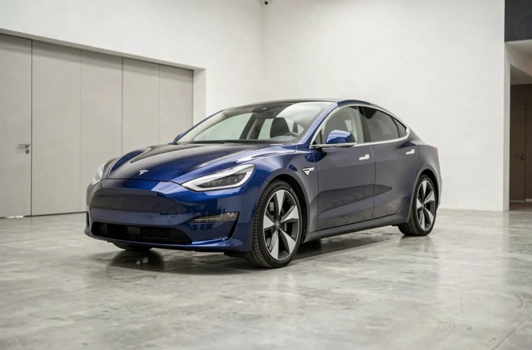 Berline électrique bleue exposée dans un showroom automobile moderne en France, vue de trois quarts avant sur sol en béton poli
