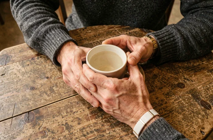 Nahaufnahme der Hände eines Mannes, der ein Weißgoldarmband um eine Kaffeetasse in einem Holzcafé trägt