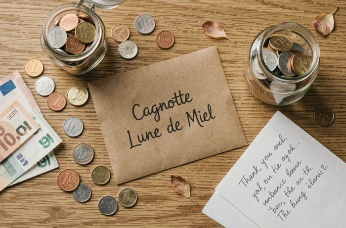 Cagnotte de lune de miel avec enveloppe manuscrite, pièces et billets d'euros sur un bureau en bois