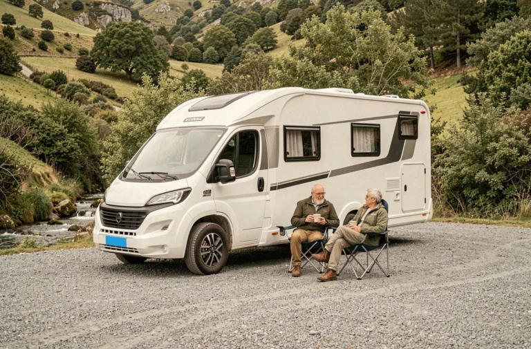 Camping-car blanc stationné à Dancharia avec un couple profitant d'un café à l'extérieur dans un cadre verdoyant du Pays Basque