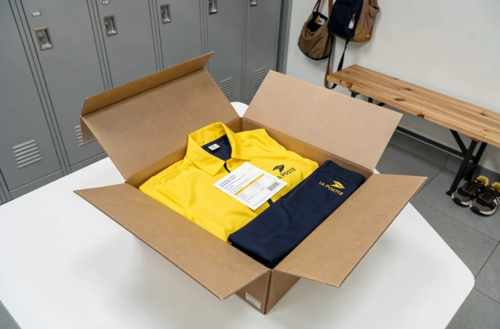 Opened clothing order box from La Poste with folded uniforms for a new hire