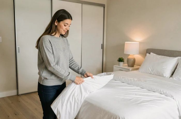 Joven mujer inspeccionando la ropa de cama de una habitación amueblada y equipada en un apartamento de alquiler moderno con parquet claro y almacenamiento integrado