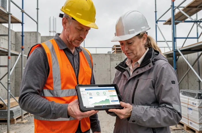 Construction professionals consulting cost management software on a tablet during a site visit