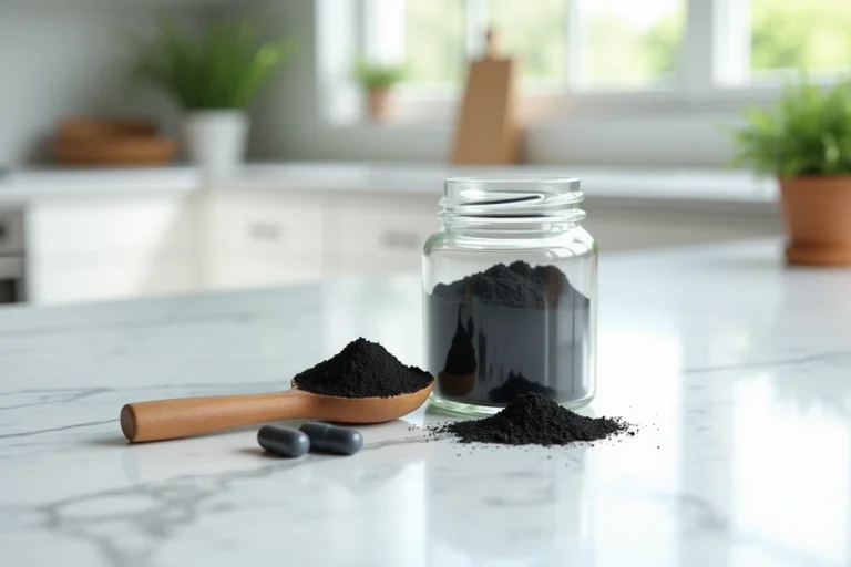 Poudre de charbon actif dans un pot en verre sur un plan de travail en marbre blanc avec des capsules noires et une cuillère en bois