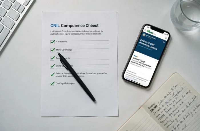 Aerial view of a desk with printed CNIL checklist, pen, and smartphone displaying data protection regulations