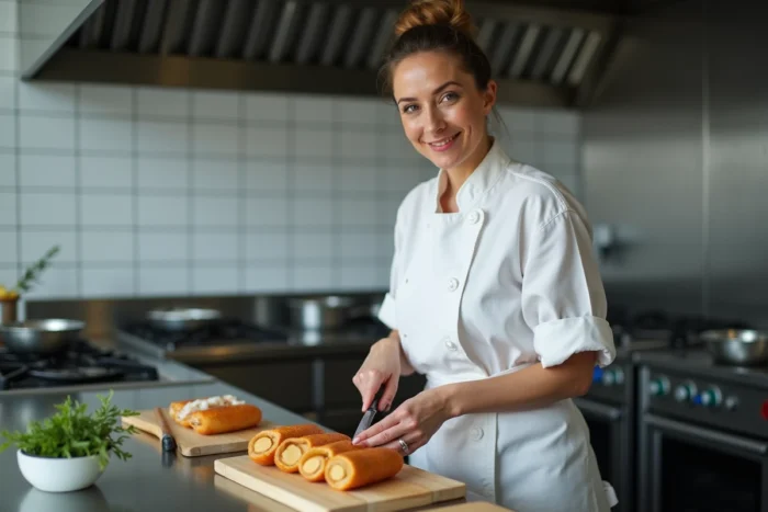 Cheffe cuisinière découpant une cobette sur un plan de travail en inox dans une cuisine de restaurant professionnelle