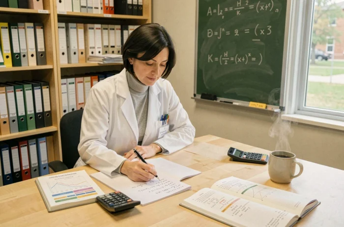 Chercheuse effectuant des calculs de conversion d'énergie thermique en watts et degrés Celsius dans un laboratoire universitaire