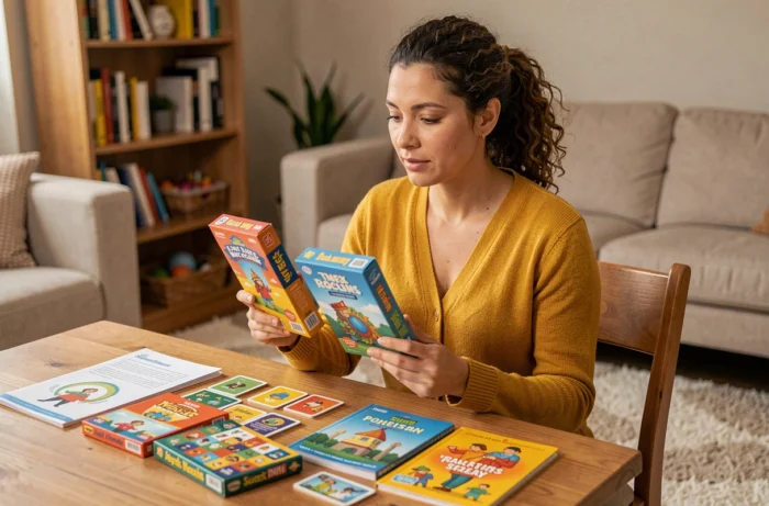 Femme choisissant des jeux de société et d'animation adaptés à différentes occasions pour enfants