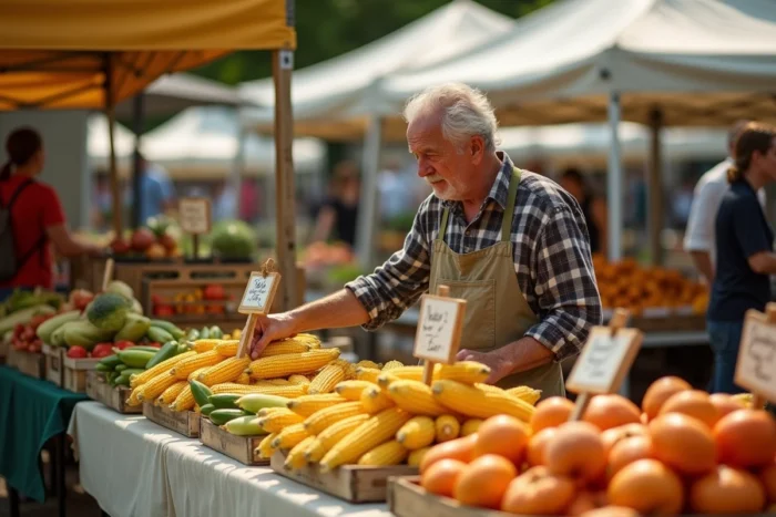 Étal de marché fermier avec des cobettes en vente, présentées en abondance par un vendeur âgé en tablier