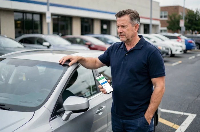 Man consulting a car insurance comparison app on a smartphone next to his car