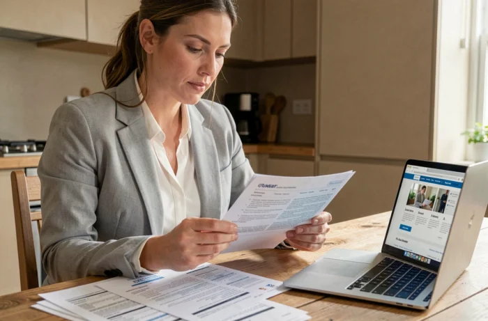 Femme comparant des garanties d'assurance auto sur des documents imprimés et un ordinateur portable à la maison
