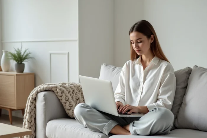 Jeune femme configurant Apple Mail avec les paramètres IMAP IONOS sur un MacBook dans un salon scandinave