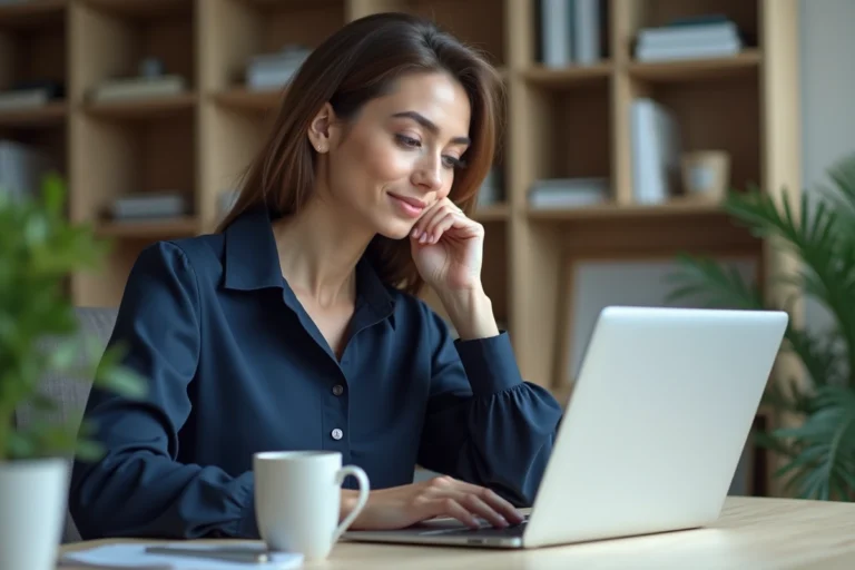 Femme configurant les paramètres IMAP IONOS sur Microsoft Outlook depuis un bureau à domicile moderne
