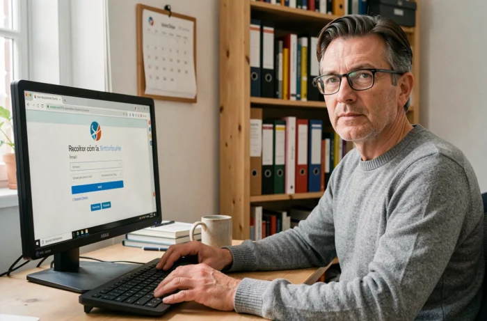 Uomo che utilizza il webmel accademico di Créteil dal suo ufficio a casa su un computer desktop