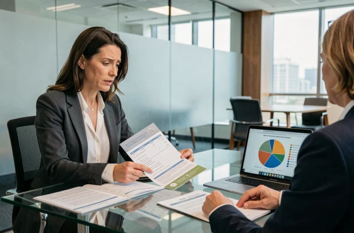 Femme consultant un conseiller financier pour comprendre les frais d'une SCPI avant d'investir