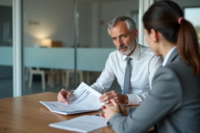 Conseiller bancaire expliquant les taux de prêt immobilier Casden à un client